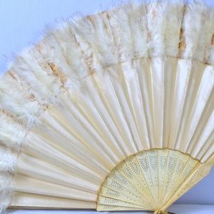 Antique carved ivory silk feather folding fan